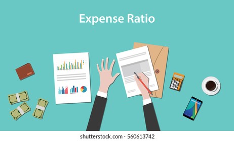 expense ratio illustration vector with paperworks, money and calculator on top of table