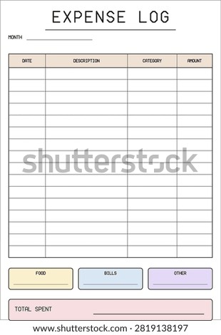 Expense receipt log page. Printable finance tracker with date, description, category and amount columns plus a category summary and total box. Blank spending report planner template for budgets