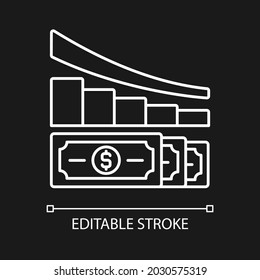 Expense reduction white linear icon for dark theme. Market crisis. Money inflation. Thin line customizable illustration. Isolated vector contour symbol for night mode. Editable stroke