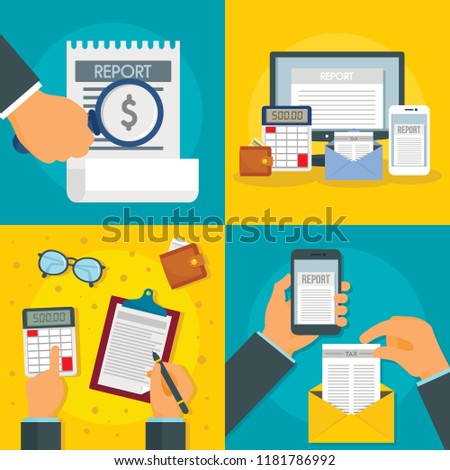 Expense report bill banner set. Flat illustration of expense report bill vector banner set for web design