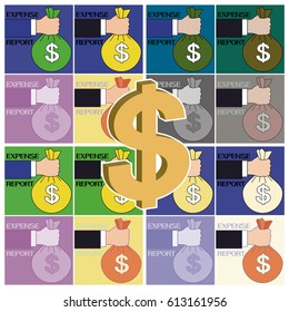 The expense report icon.
Hand holding a bag with a dollar symbol full of internal contents.