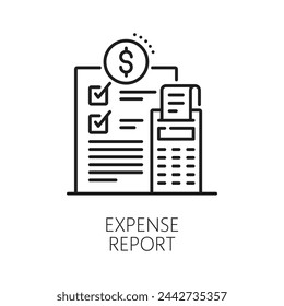 Icono de línea de informe de gastos para análisis financiero, ingresos fiscales y presupuesto, vector de esquema. Finanzas, negocio bancario y contabilidad informe de gastos icono de la economía gestión de beneficios, auditoría y análisis