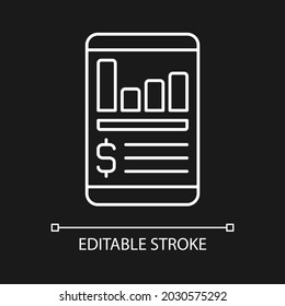 Expense tracker app white linear icon for dark theme. Online service for controlling budget. Thin line customizable illustration. Isolated vector contour symbol for night mode. Editable stroke