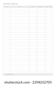 expense tracker template with a simple and minimal style. Note, scheduler, diary, calendar planner document template illustration.