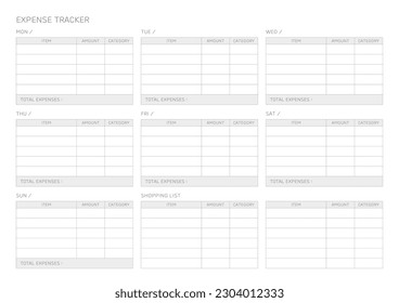 expense tracker template with a simple and minimal style. Note, scheduler, diary, calendar planner document template illustration.