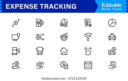 Expense Tracking and Budgeting Tools – Professional Line Icon Set Featuring Modern, Minimal, Editable Financial Symbols for Accounting, Finance, and Money Management