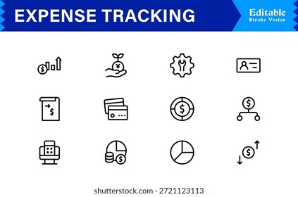 Expense Tracking and Budgeting Tools – Professional Line Icon Set Featuring Modern, Minimal, Editable Financial Symbols for Accounting, Finance, and Money Management