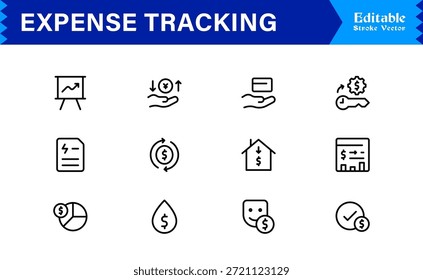 Expense Tracking and Budgeting Tools – Professional Line Icon Set Featuring Modern, Minimal, Editable Financial Symbols for Accounting, Finance, and Money Management