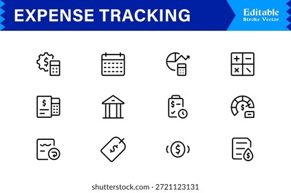 Expense Tracking and Budgeting Tools – Professional Line Icon Set Featuring Modern, Minimal, Editable Financial Symbols for Accounting, Finance, and Money Management