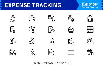 Expense Tracking and Budgeting Tools – Professional Line Icon Set Featuring Modern, Minimal, Editable Financial Symbols for Accounting, Finance, and Money Management