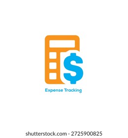 Icono de la calculadora de seguimiento de gastos con signo de dólar, logotipo del App de finanzas de gestión de presupuesto personal, diseño de Ilustración vectorial azul naranja plano

