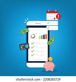 Expenses checklist. Expense tracker app on mobile phone.