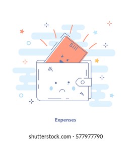 Expenses, costs or bill payment icon concept. Sad wallet with bills. Cute premium quality vector illustration for Website Element, Mobile websites, Apps.