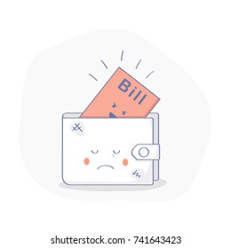 Expenses, costs or bill payment icon concept. Sad wallet with bills, debt problem. Flat outline design. Cute premium quality vector illustration for Website Element, Mobile websites, Apps. 