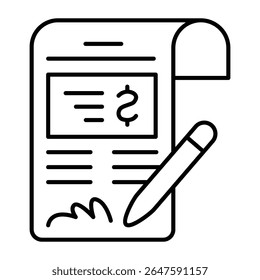 Expenses document with pen signature thin line icon, family lawyer concept. Vector graphics. Taxation and court fee contract sign on white background, style mobile or design