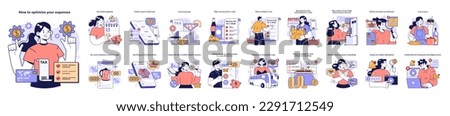 Expenses optimization set. Useful guidance for efficient household budgeting and economy. Family budget expenses management. Flat vector illustration