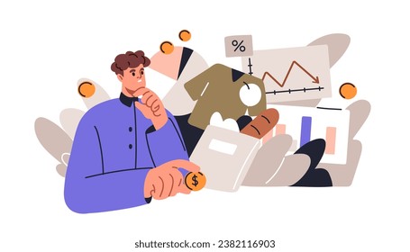 Expenses, spendings and lack of money concept. Man planning personal budget, paying for needs, managing costs, expenditures, spreading finances. Flat vector illustration isolated on white background