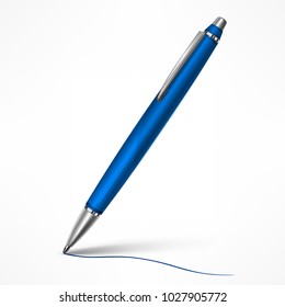 Expensive blue tilt pen with writing line on paper, isolated white. Vector illustration.