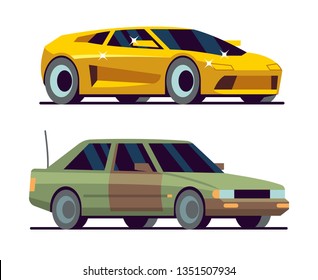 Expensive car and cheap car. New yellow supercar. Green old passenger car. Isolated on white background. Vector Illustration.