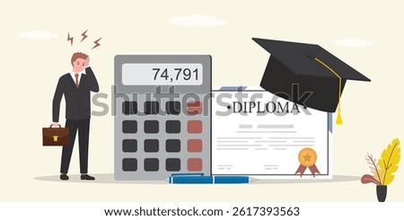 Expensive cost for education. Male student standing near mortarboard, diploma and calculator. Student loan calculation, education budget allocation, university expense and debt pay off, scholarship.