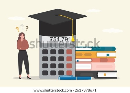 Expensive cost for education. Student girl standing near mortarboard cap and calculator. Student loan calculation, education budget allocation, university expense and debt pay off, scholarship payment