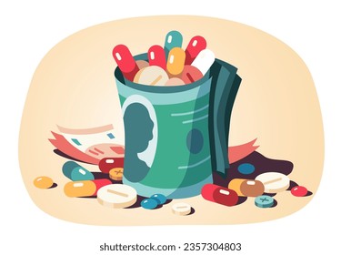 Too expensive drugs medicine problem concept. Pills in dollar banknotes roll, scattered prescription medication. Overpriced health care, pharmacy, insurance cost, pharmaceutical industry illustration