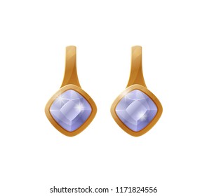 Expensive earrings with sapphire stones vector illustration of woman stylish accessories golden or platinum decoration for ears isolated on white