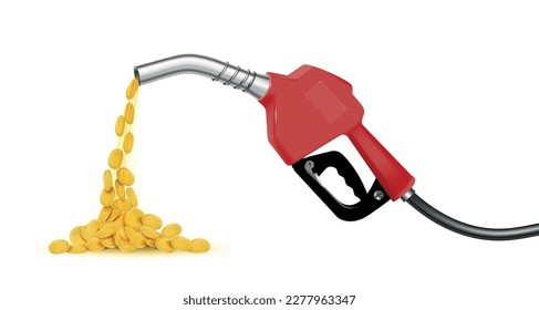 Concepto de diseño realista de gas de combustible costoso con monedas de oro derramadas fuera de la boquilla de la bomba de mango ilustración vectorial aislada