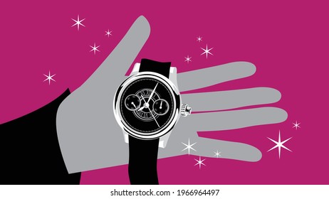 Expensive gift. Stylized drawing
 of precious watch on the palm. Vector image for illustrations.