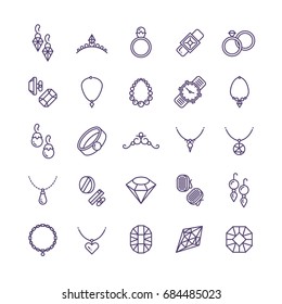 Expensive gold jewelry with diamond vector line icons and wedding accessories symbols. Expensive fashion diamond and gem illustration