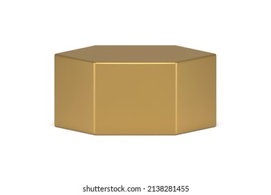 Expensive golden hexagon 3d template realistic stage minimalist geometric figure decorative design vector illustration. Luxury polygonal three dimensional block glossy platform mockup