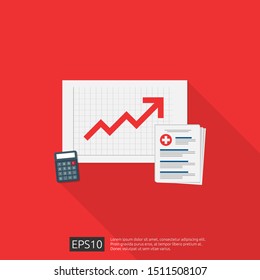 expensive growing up health medicine cost concept. healthcare spendings or expenses. medical clipboard document with money and calculator. Flat design vector illustration.