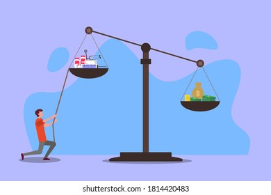 Expensive health cost vector concept: Man trying to pull and balancing a scale with drugs and money