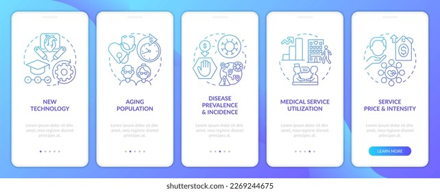 Expensive healthcare reasons blue gradient onboarding mobile app screen. Walkthrough 5 steps graphic instructions with linear concepts. UI, UX, GUI template. Myriad Pro-Bold, Regular fonts used