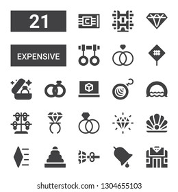 expensive icon set. Collection of 21 filled expensive icons included Pawn shop, Ring, Earrings, Rings, Diamond, Pearl, Bracelet, d printing software, Wedding rings, Wedding ring