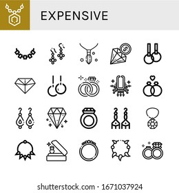 expensive icon set. Collection of Pendant, Necklace, Earrings, Diamond, Rings, Wedding ring, Ring, Gem, Bracelet, Wedding rings icons