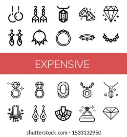 expensive icon set. Collection of Rings, Earrings, Necklace, Gem, Bracelet, Diamond, Diamond ring, Wedding ring, Ring, Pendant icons