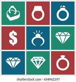 Expensive icons set. set of 9 expensive filled icons such as ring, diamond, diamond, dollar, ring in box