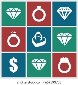 Expensive icons set. set of 9 expensive filled icons such as diamond, diamond, dollar, ring in box, gem