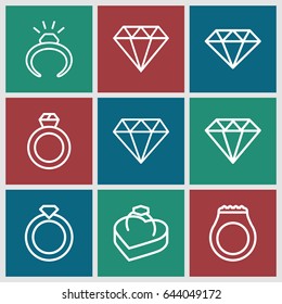 Expensive icons set. set of 9 expensive outline icons such as ring, diamond, diamond, ring in box