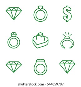Expensive icons set. set of 9 expensive outline icons such as ring, diamond, dollar, ring in box