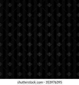 Expensive king seamless pattern with dark gray styled floral and tulip ornament elements on classic black striped shaded background with line tile fill out. High quality decor design. Seamless pattern