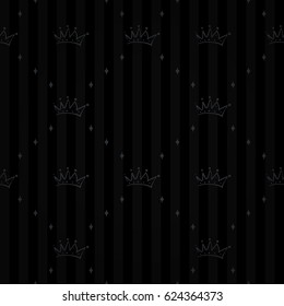 Expensive king seamless pattern with dark gray crown ornament signs in style of fashion on classic black striped vignette background with rhomb frame fill out. Design for wallpapers and textile print.