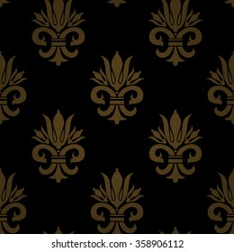 Expensive king seamless pattern with golden fleur de lys ornament elements on deep black vignett background. Wallpaper, curtain design. Seamless pattern background. Royal seamless pattern backdrop.