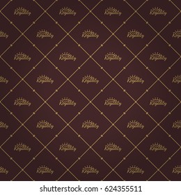 Expensive king seamless pattern with golden beige regality inscription with crown ornament signs in style of fashion on retro brown shaded background with line tile fill out.