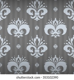 Expensive king seamless pattern with light floral heraldic ornament elements on silver gray bright striped background. Design for wallpapers and textile print. Royal seamless pattern background.
