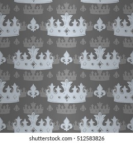 Expensive king seamless pattern with light crown ornament signs in style of fashion on silver gray bright background. Excellent textile, fabric, paper design.