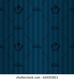 Expensive king seamless pattern with natural black queen crown and regality inscription with crown ornament signs in style of fashion on nautical blue bright striped background with line tile fill out