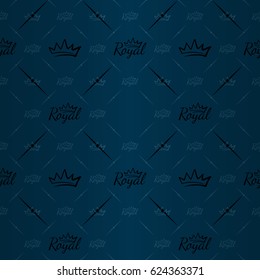 Expensive king seamless pattern with natural black king crown and royal inscription with crown ornament signs in style of fashion on nautical blue bright background with star mesh fill out.