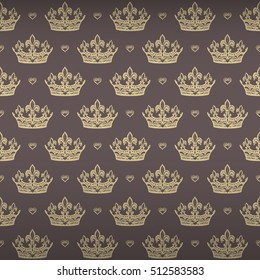 Expensive king seamless pattern with soft gray corona and lovely heart ornament signs in style of fashion on dust rose brown shining background. Excellent textile, fabric, paper design.